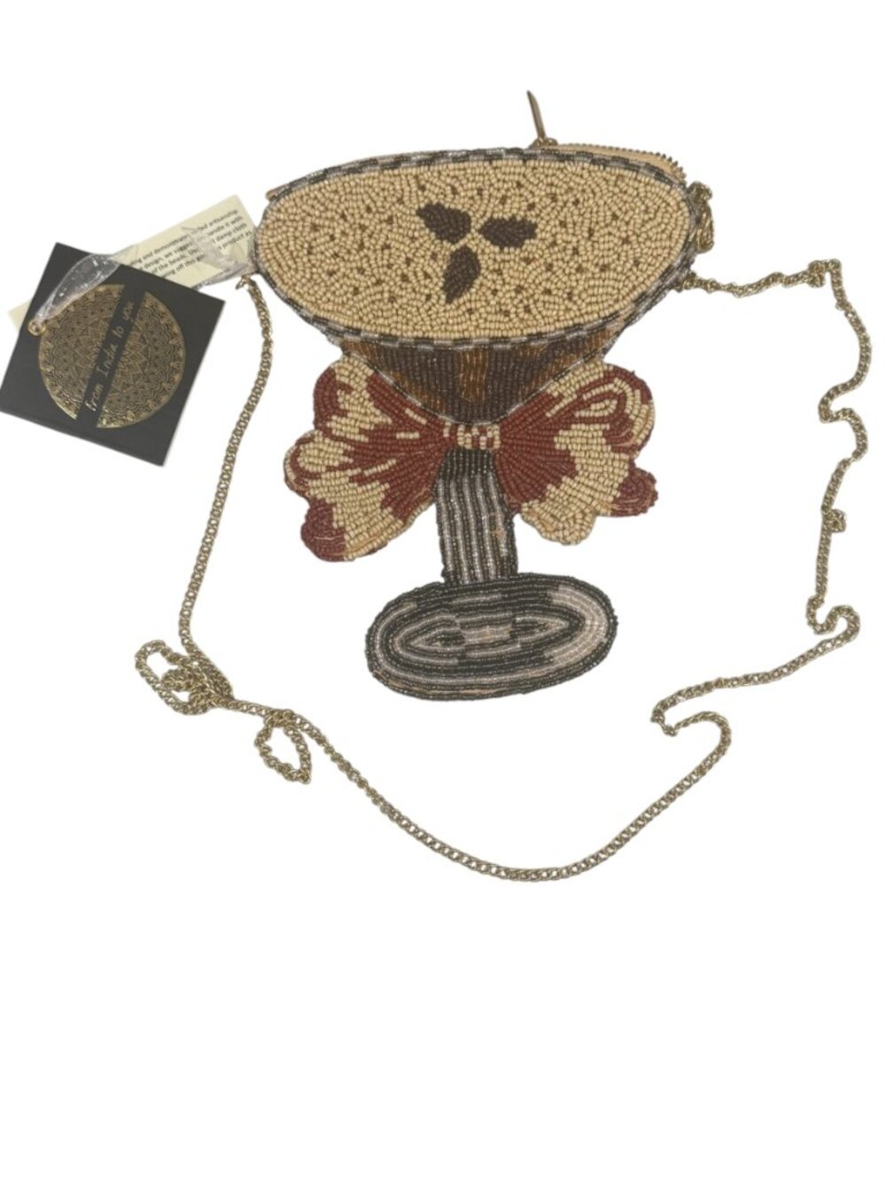Espresso Martini Drink Bow Handmade India Beaded  Crossbody  Bag  w Chain NWT - Picture 2 of 4